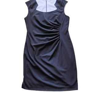 Calvin Klein Black Ruched Sheath Dress – White-Trimmed Square Neckline, Size 18